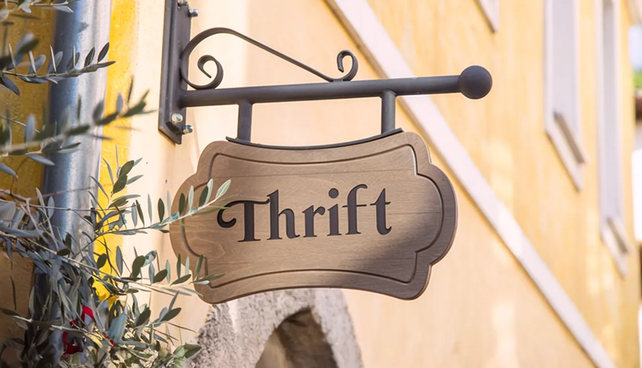 'Thrift' custom wooden shopfront sign