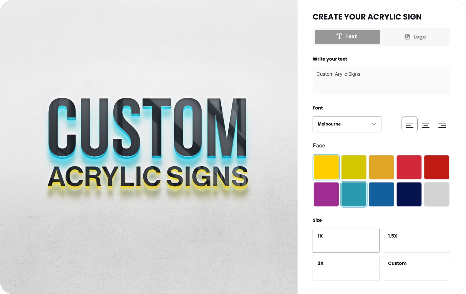 Sign Customiser acrylic channel letter builder with 3D preview and face colour options