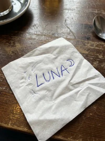 Hand-drawn LUNA cafe logo sketch on a napkin