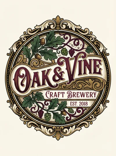 Oak and Vine complex ornate brewery logo