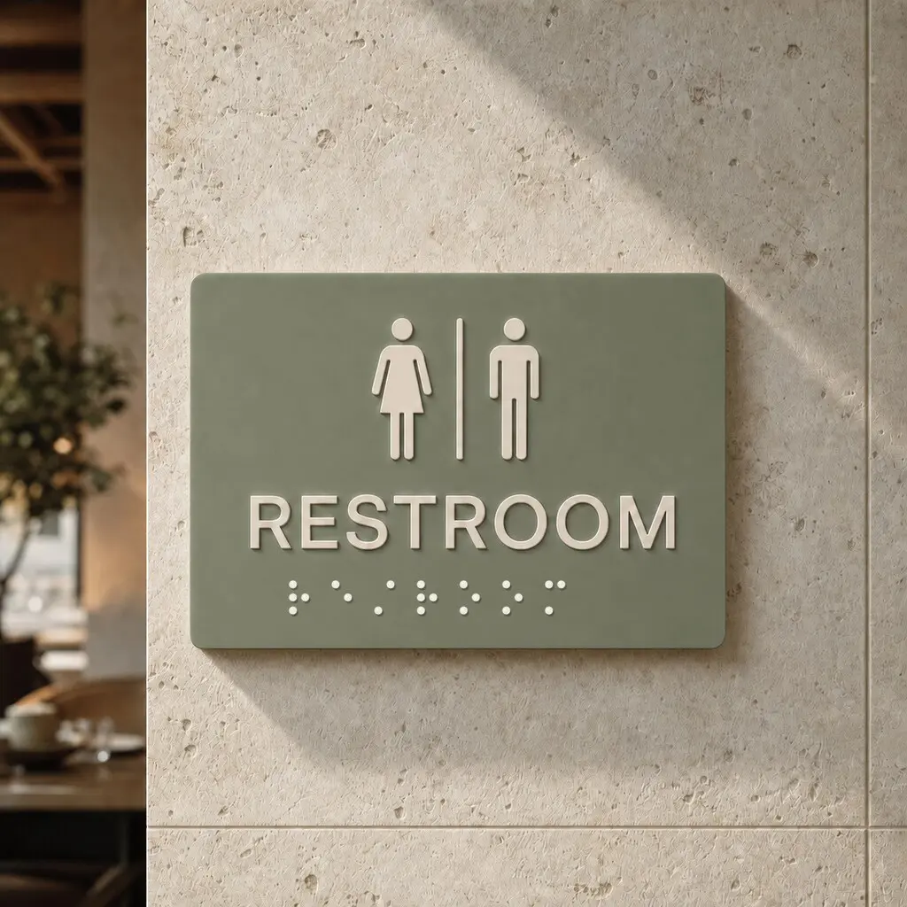 Sage green RESTROOM sign with raised symbols, lettering and tactile dot row