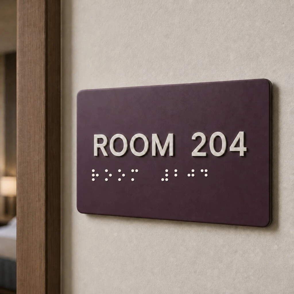 Plum acrylic Braille room sign with raised ROOM 204 lettering and tactile dots