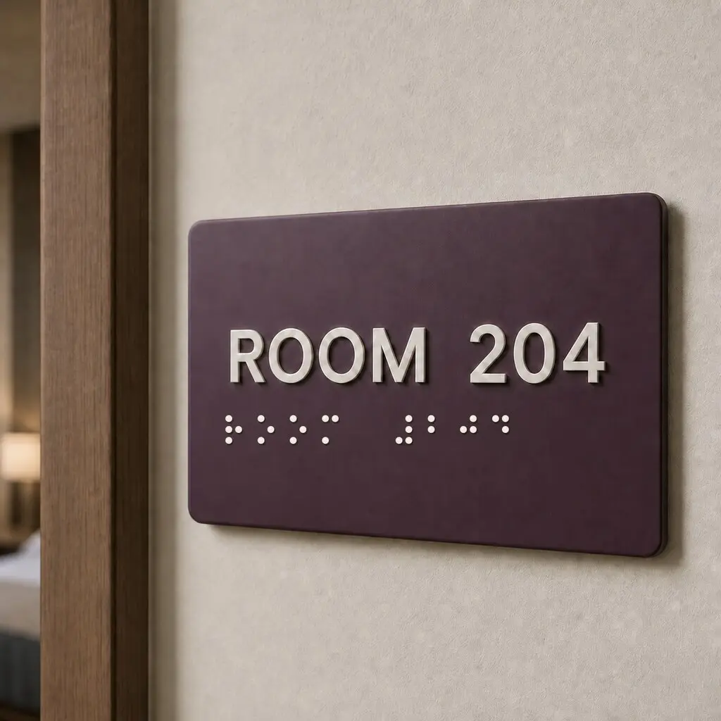Plum acrylic ROOM 204 sign with raised cream text and tactile dot row