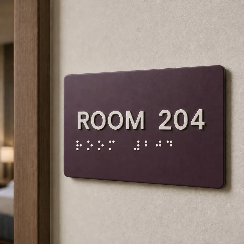 Raised ROOM 204 lettering and tactile dots on a plum Braille room sign beside a timber doorway