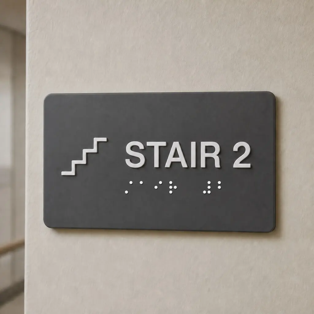 Charcoal STAIR 2 wayfinding sign with raised white lettering and tactile dots