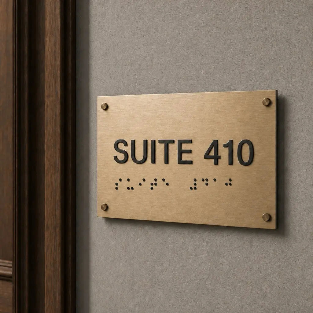 Brushed brass SUITE 410 sign with black raised lettering and tactile dots