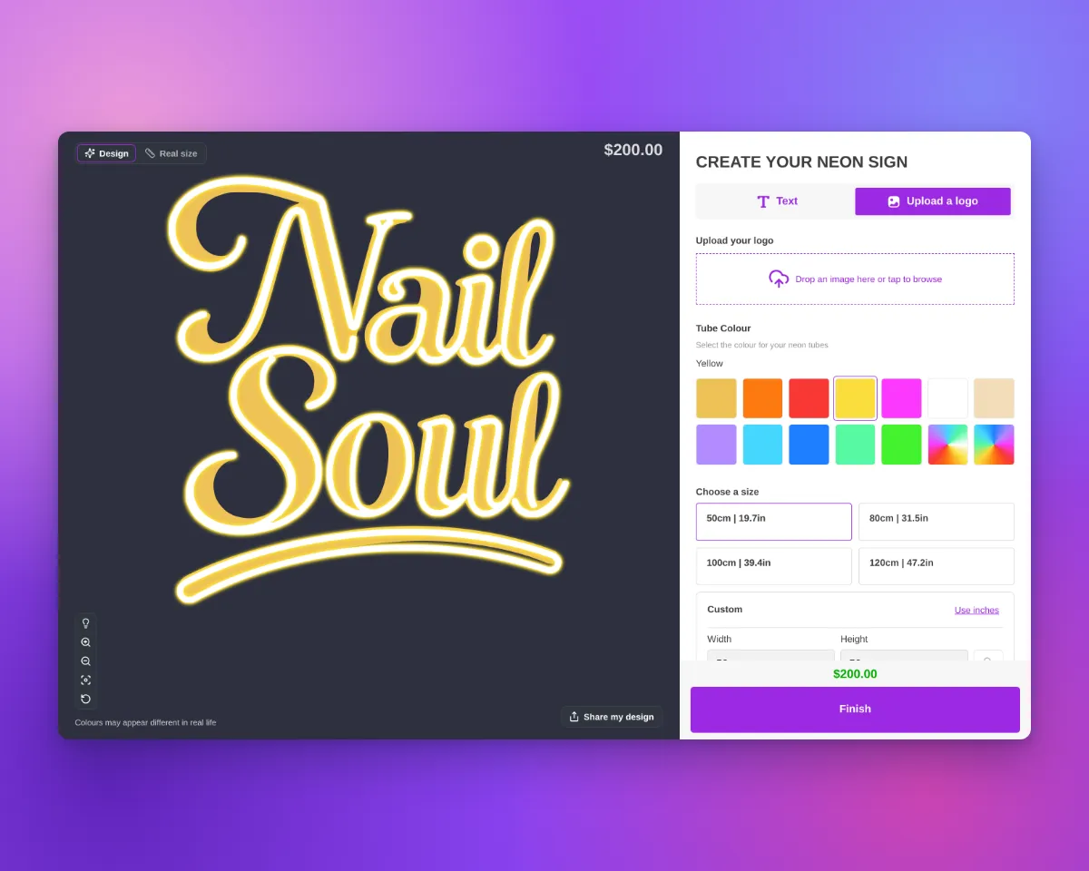 Customer customiser showing the Nail Soul script logo as lit neon tubes with a yellow glow over gold UV-printed letters, with no backboard
