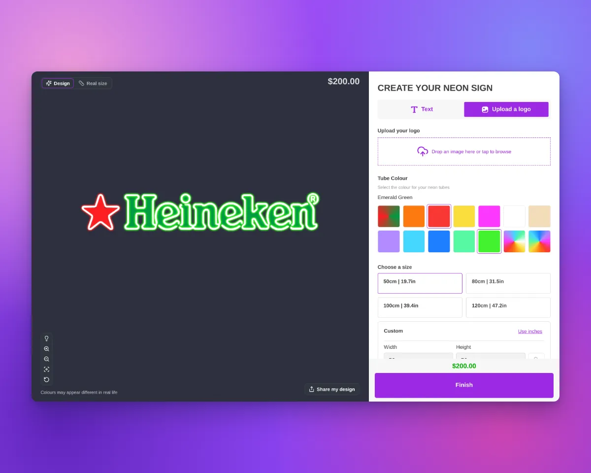Customer customiser showing the Heineken logo as lit neon tubes with a green glow over green UV-printed letters and a red star, with no backboard