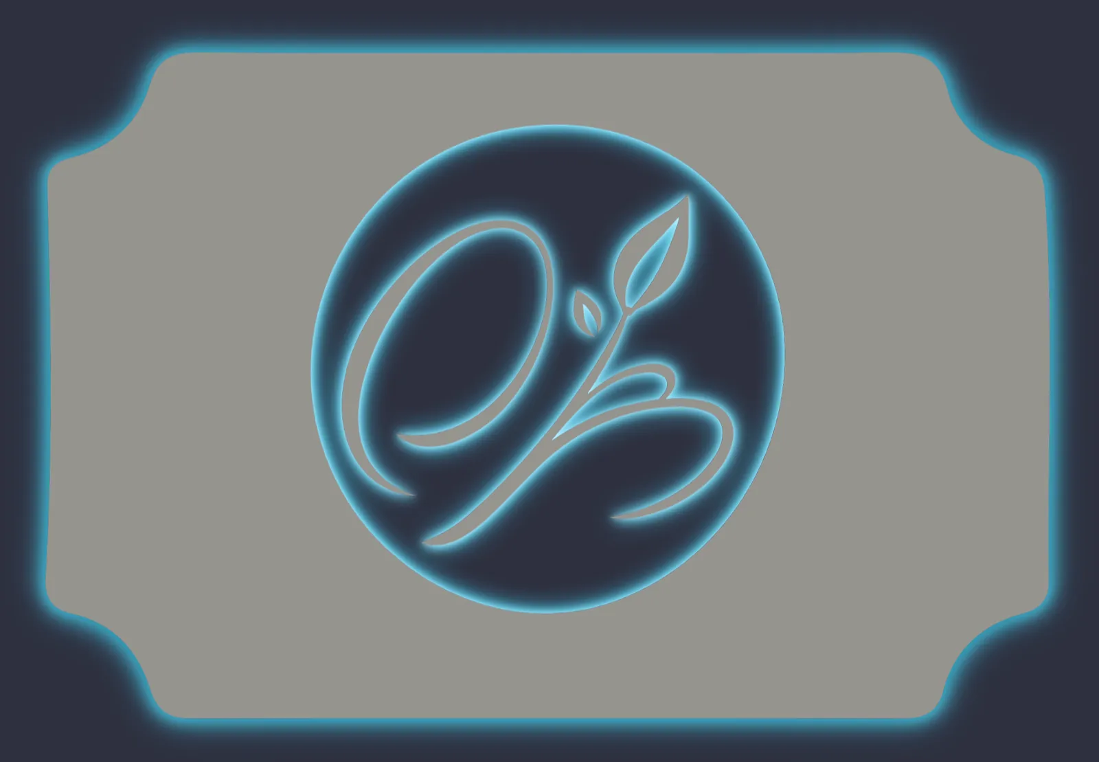 Cut-out metal sign with a circular monogram logo cut from the panel, lit by a blue backlit glow around the panel edge and through the cut-out design
