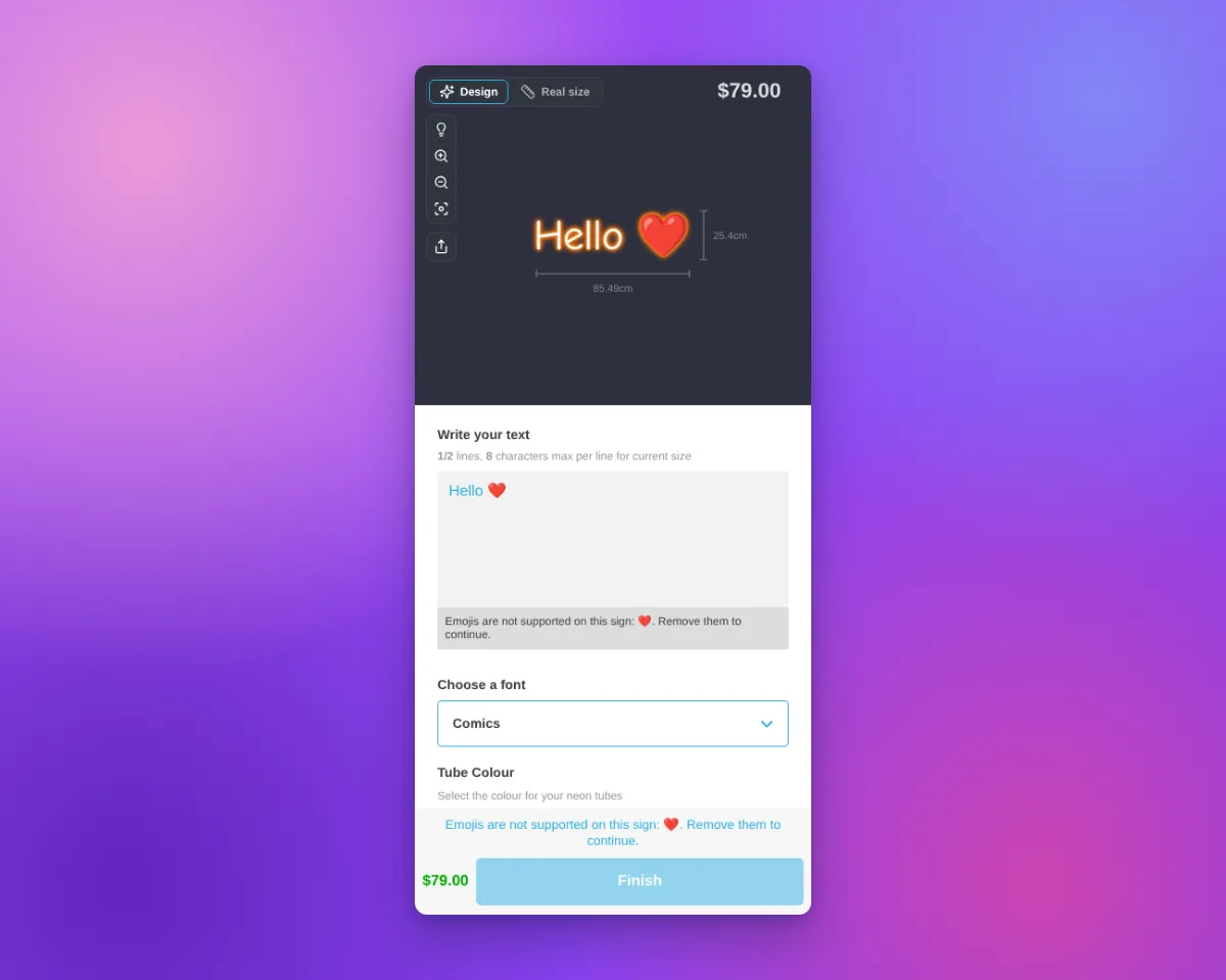 Customer customiser showing the emoji message and a disabled Finish button