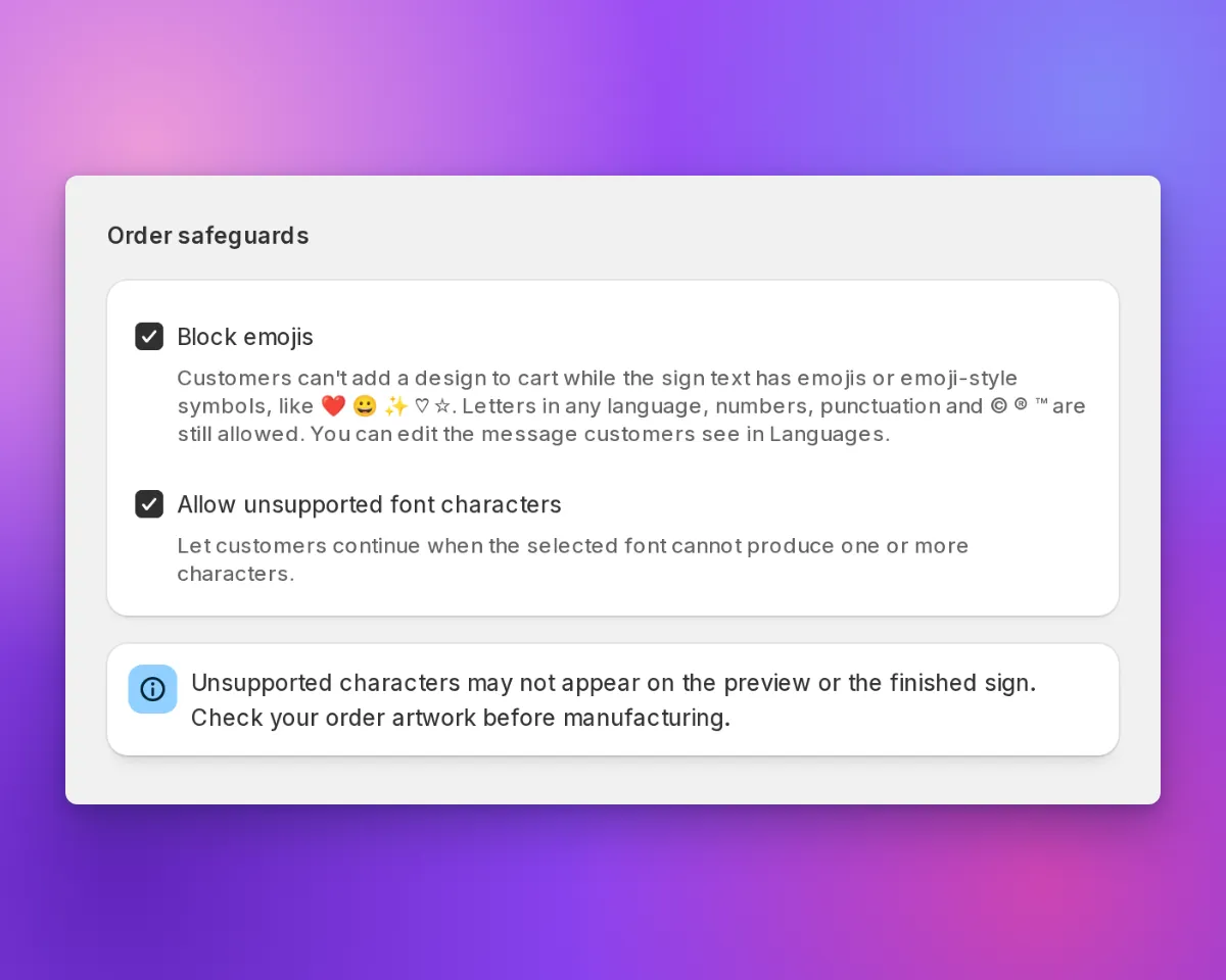 Order safeguards section with the Block emojis checkbox selected