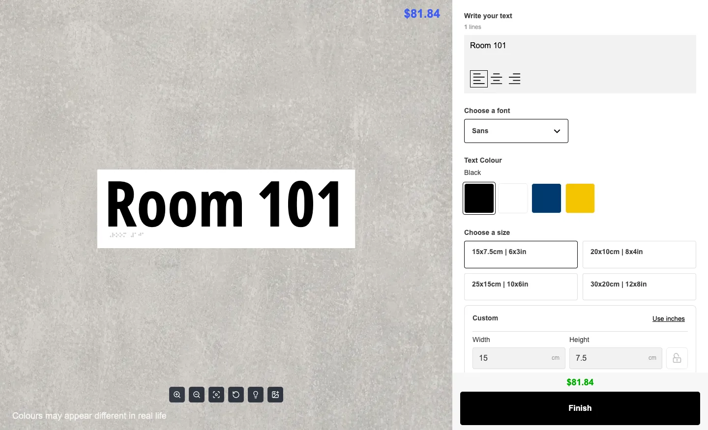 Braille sign customiser showing Room 101 with a translated Braille dot row, plate sizes and colour controls