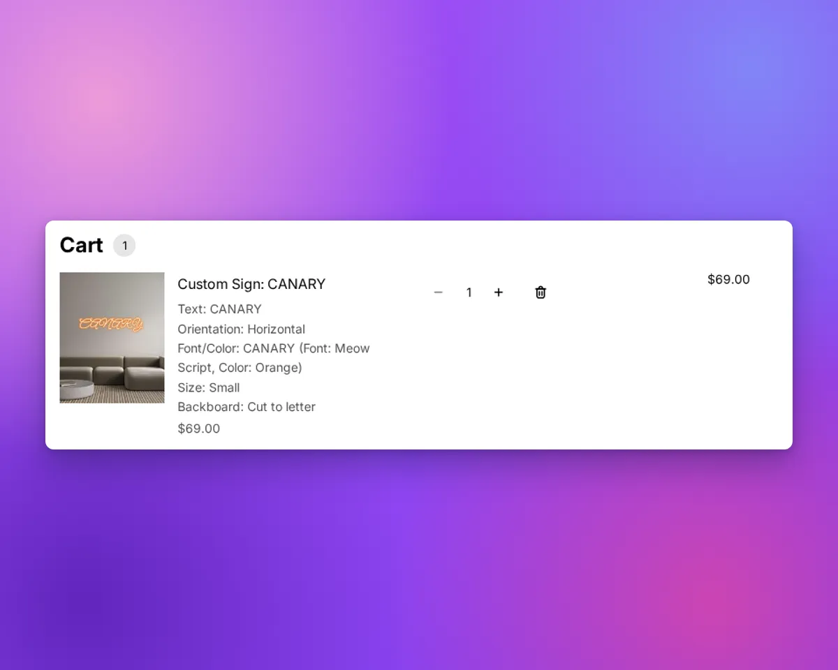 A Shopify cart line with Size: Small and no measurements