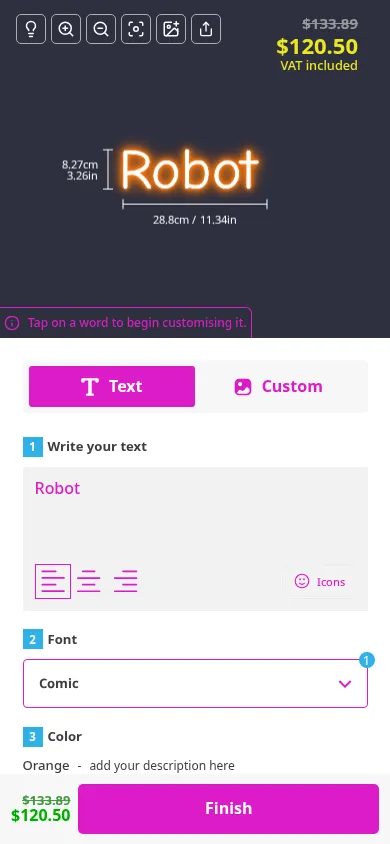 Robot neon sign customiser in the Stacked all at once mobile layout, showing text, font and colour controls with a $120.50 price in the upper-right visualiser