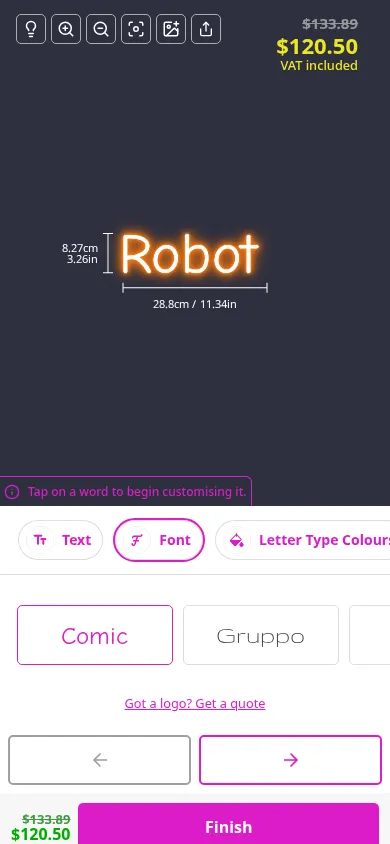 Robot neon sign customiser in the One Selection at a Time mobile layout, showing pill navigation and a $120.50 price in the upper-right visualiser