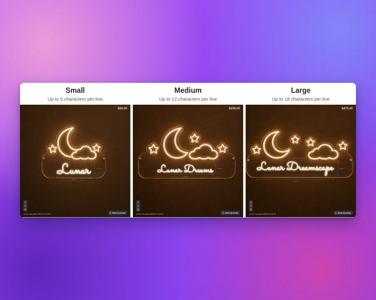 Small shows Lunar with a 5-character limit, Medium shows Lunar Dreams with a 12-character limit, and Large shows Lunar Dreamscape with an 18-character limit. Each sign has a different moon, cloud and stars background and a wider text area.