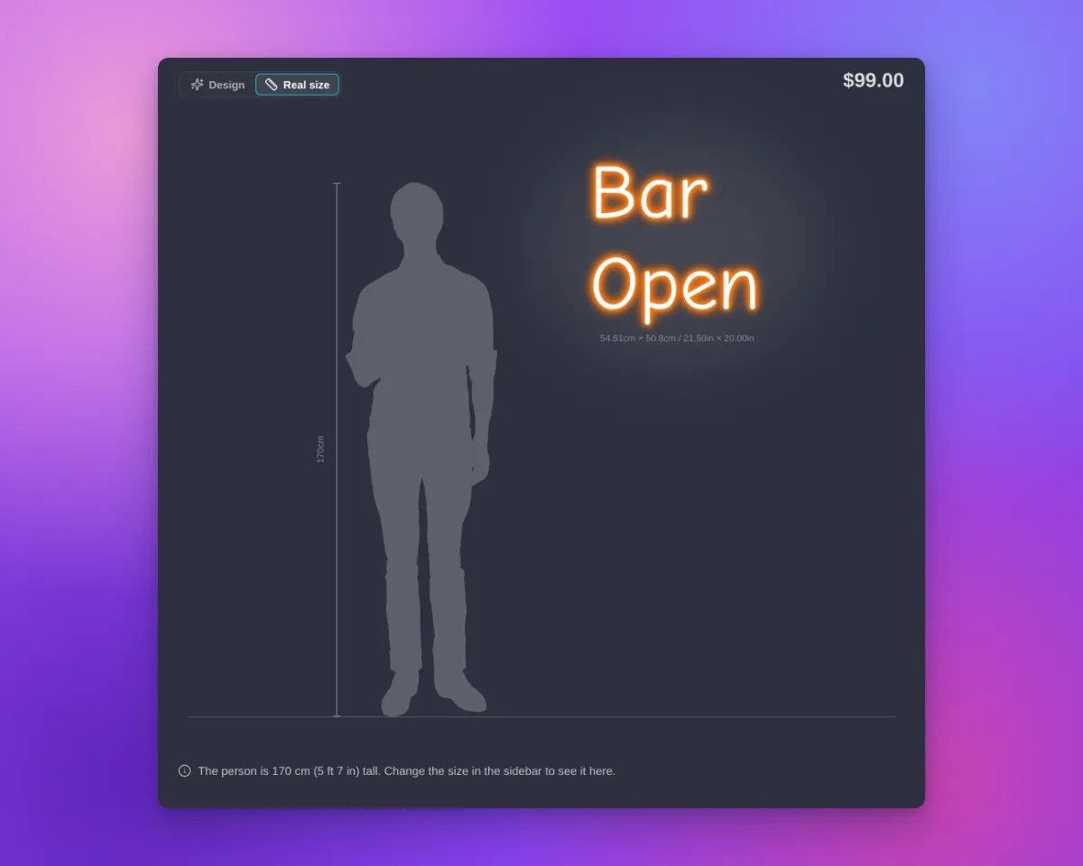 Real size view on desktop with a neon cut-to-letter sign next to a person silhouette and a height rail
