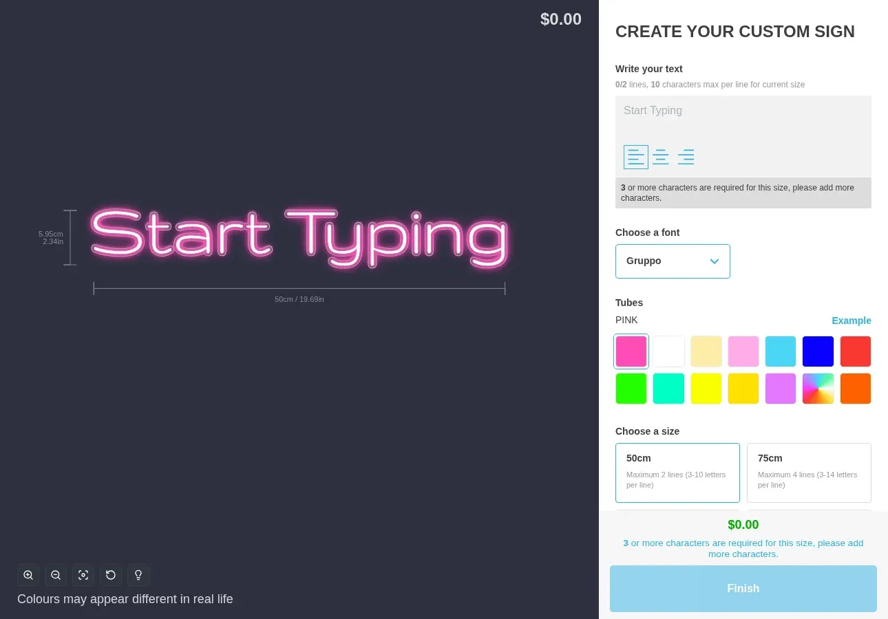 The neon sign maker with the words Start Typing in pink LED neon and the font, colour and size options beside it