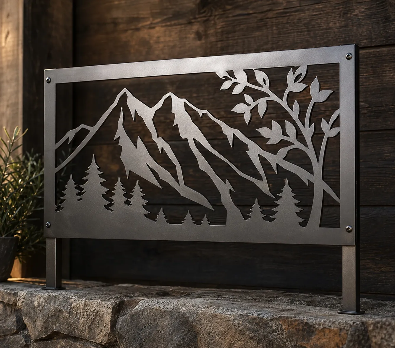 A laser-cut metal panel sign with negative-space artwork, made with Sign Customiser