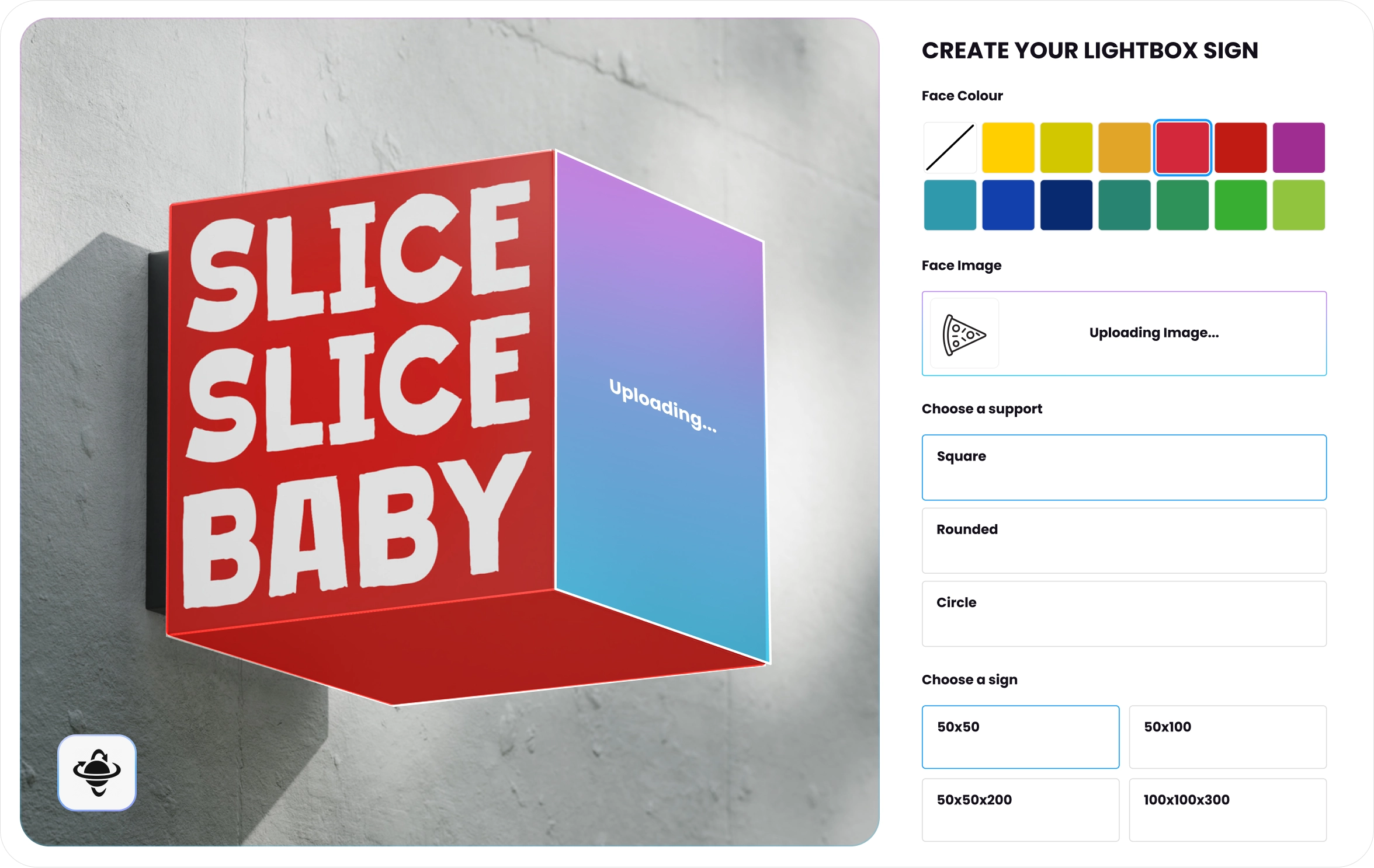 Sign Customiser lightbox sign builder with 3D preview, face colour selection and size options