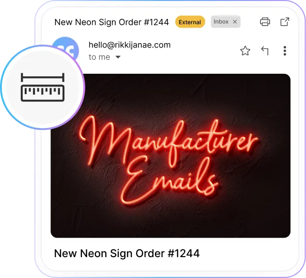 An order email for a neon sign sent to the manufacturer