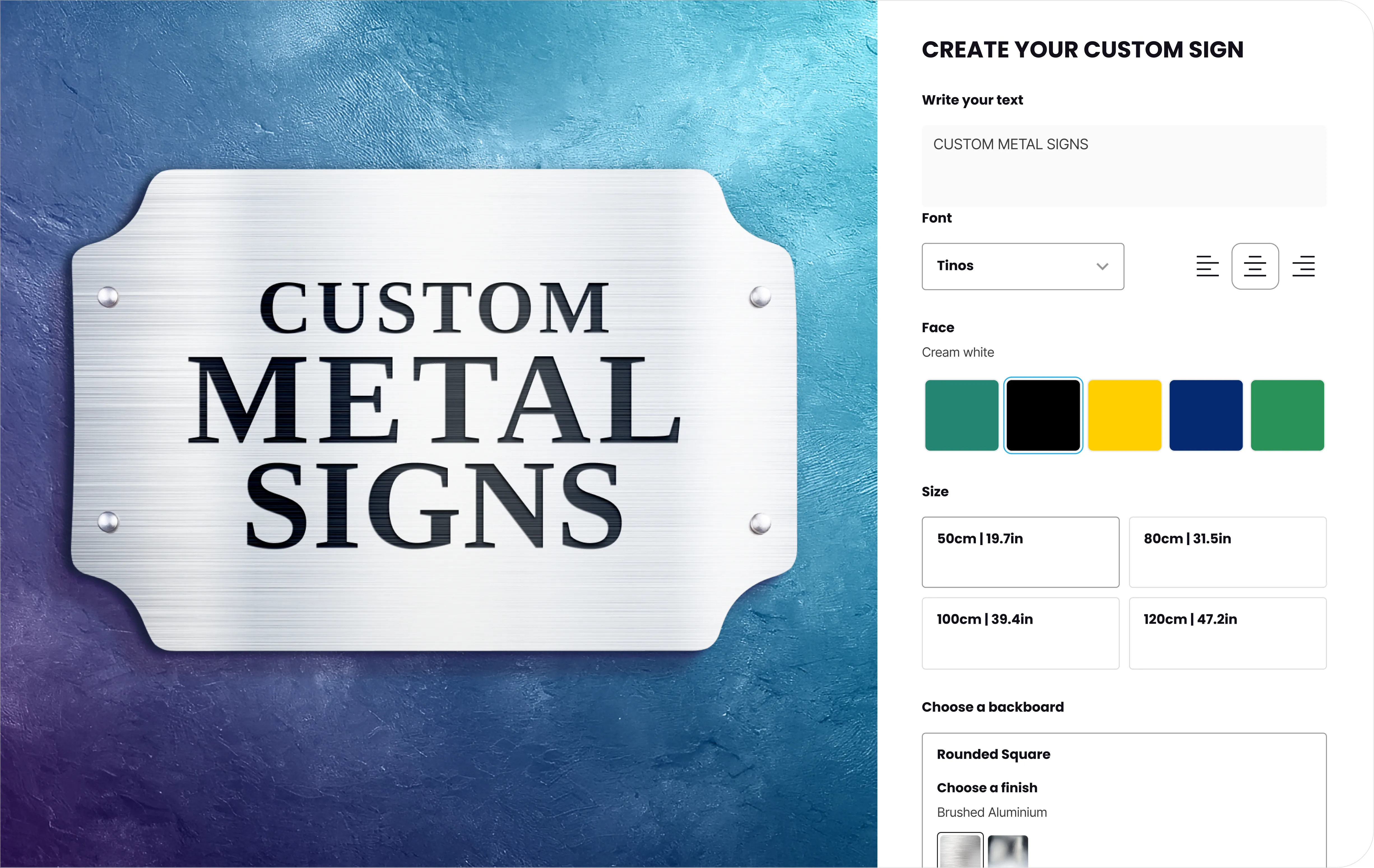 A custom metal plate sign visualised live in the Sign Customiser builder