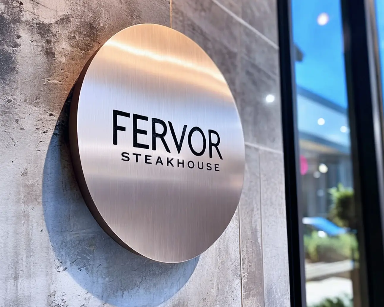 Steakhouse aluminium plate sign installed on a stone wall