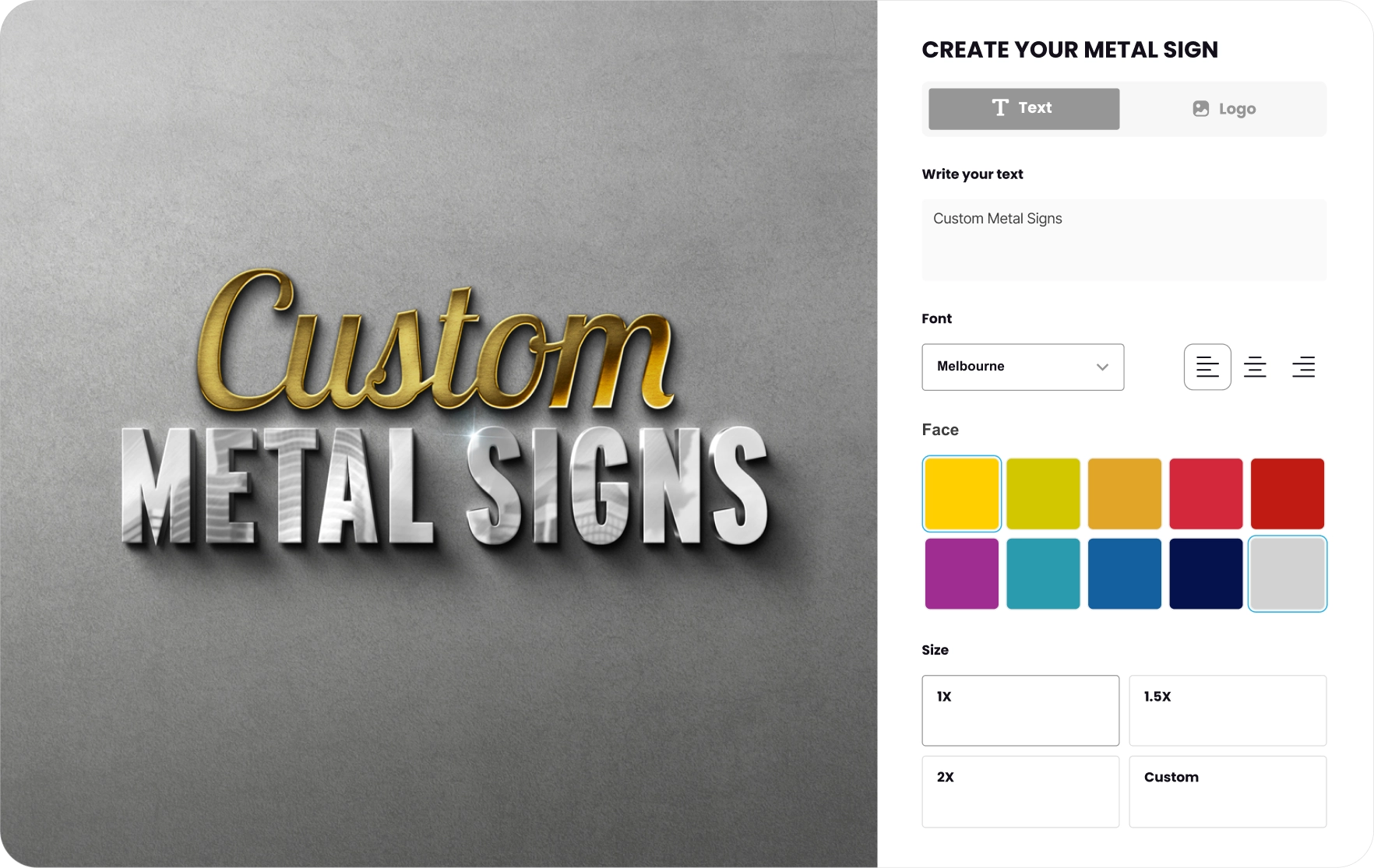 Sign Customiser metal channel letter builder with brushed metallic finish preview
