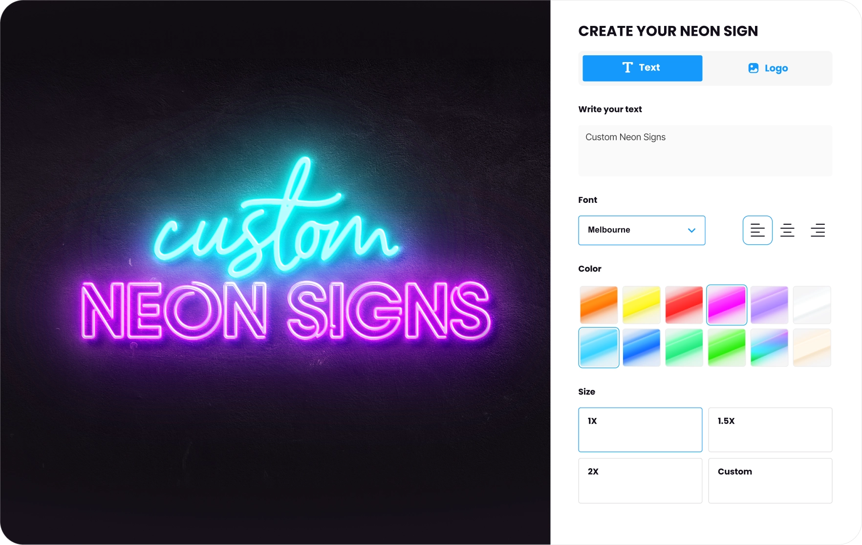Sign Customiser neon sign builder with real-time preview, font and colour selection