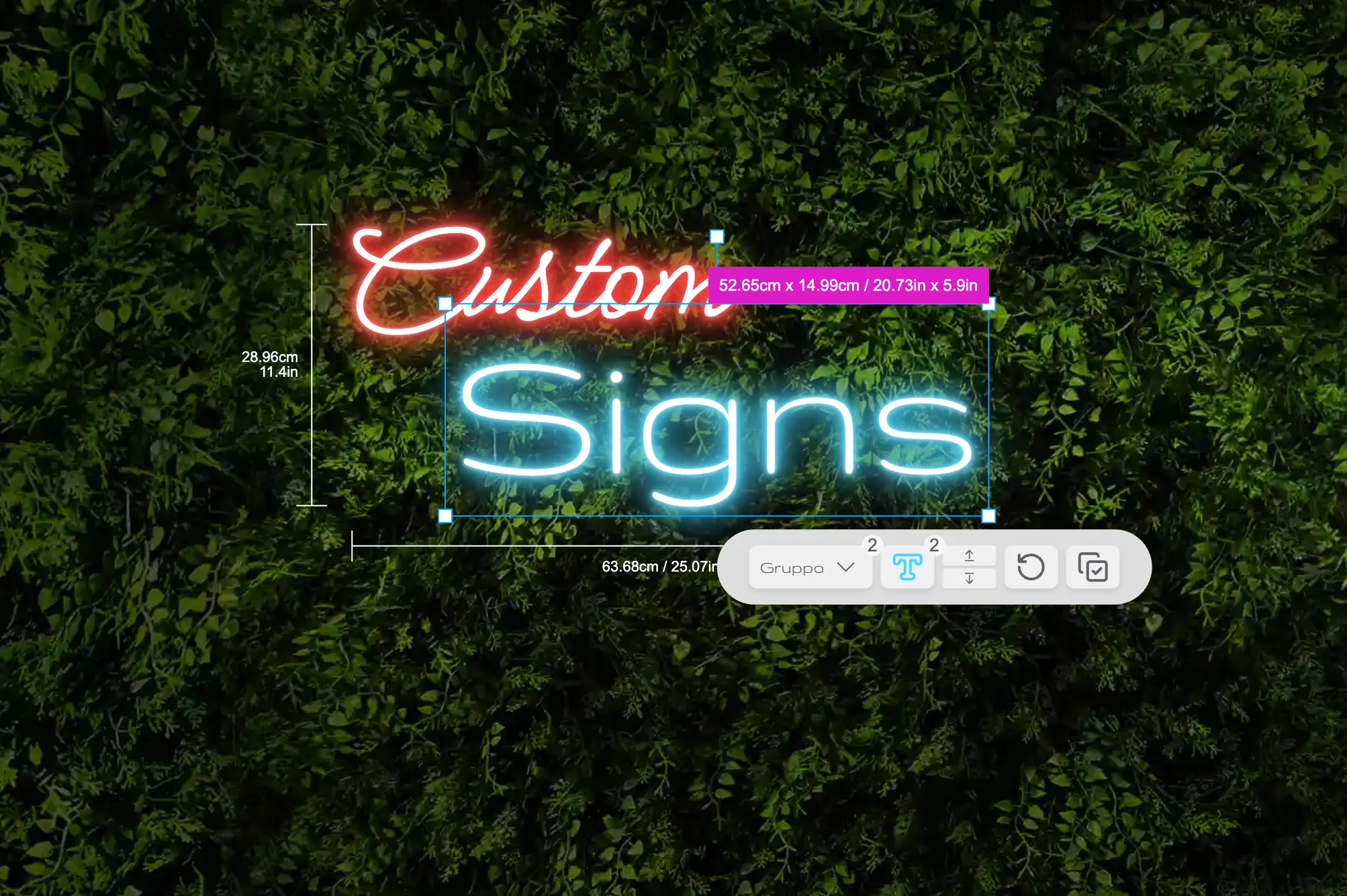 Self-service sign design interface showing custom neon sign with color picker