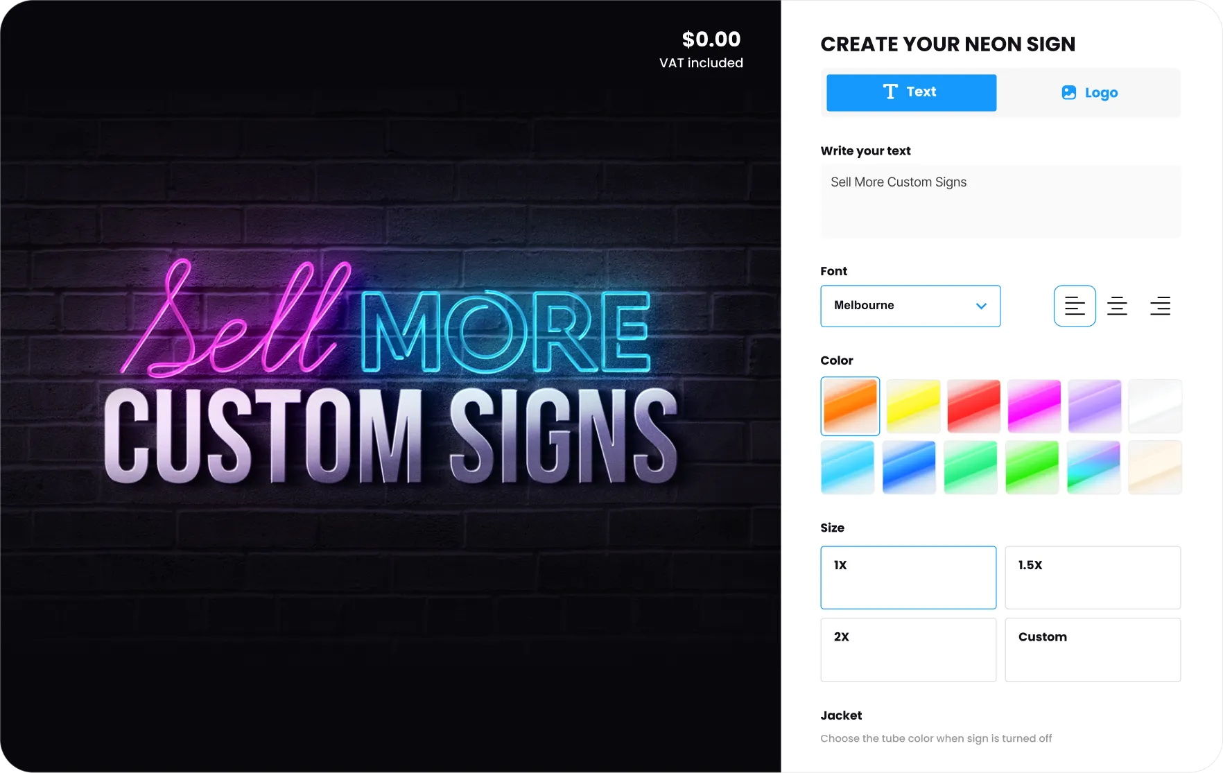 Sign Customiser interface showing real-time neon sign preview with font, colour and size customisation options