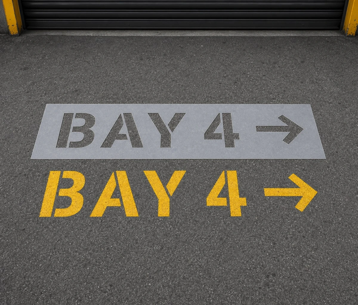 Reusable Mylar stencil for a BAY 4 warehouse floor marking