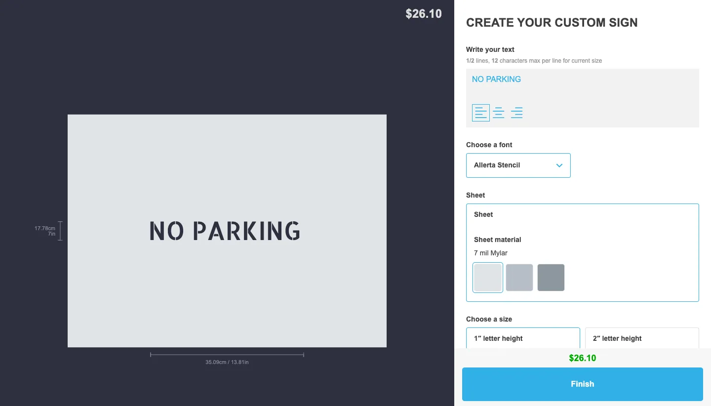 Live stencil customiser showing NO PARKING at 1 inch letter height