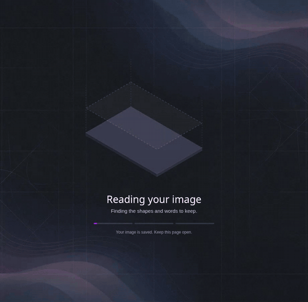 AI Sign Designer V2 loader: the sign drawing moves from Reading your image to Designing your sign, where three parts appear one after another, then to Refining your design and Putting it all together, and then the finished neon design opens
