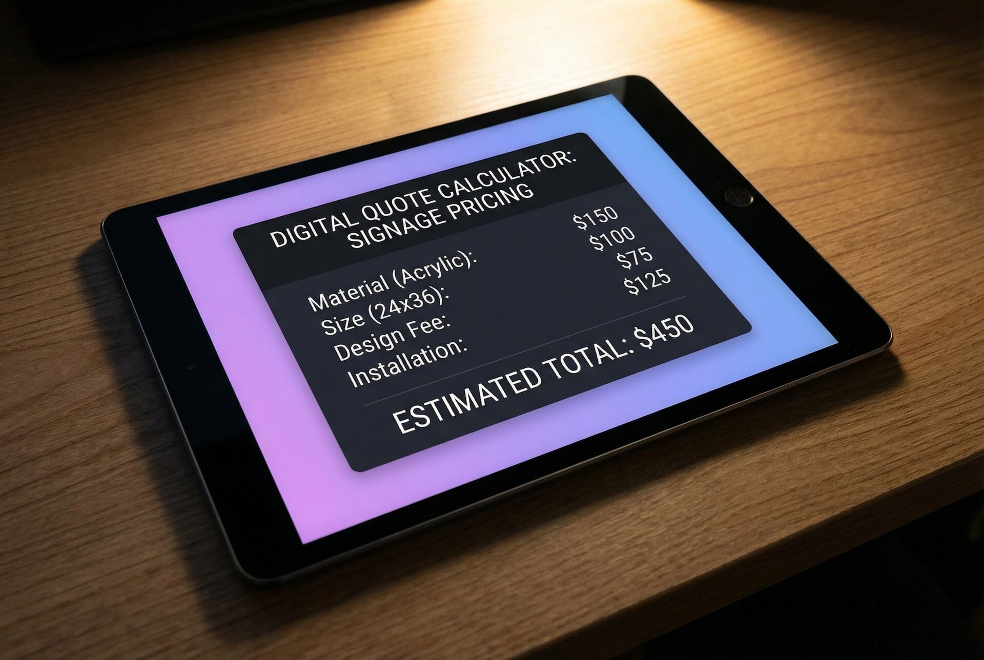Digital quote calculator interface on tablet showing sign pricing breakdown with purple gradient background