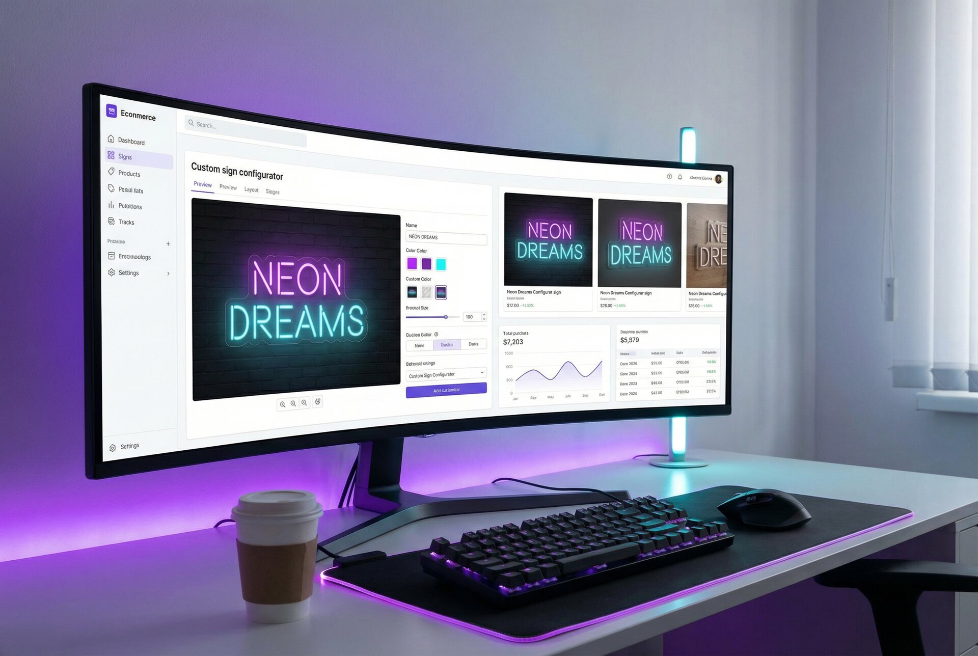 E-commerce dashboard displaying custom sign configurator interface with product preview screens