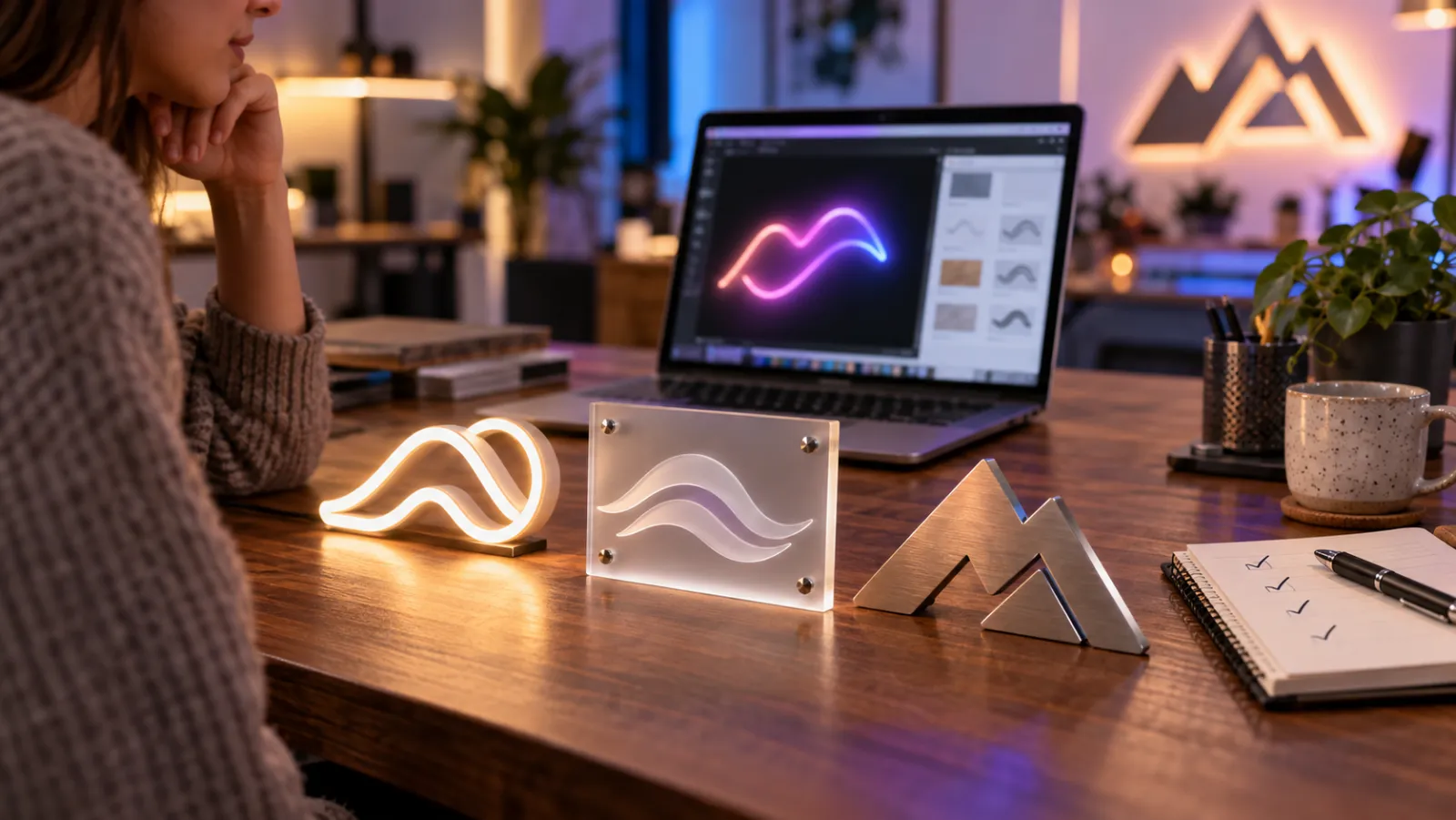 Merchant comparing a neon, an acrylic and a metal sign sample on a desk, with an online sign designer open on the laptop behind