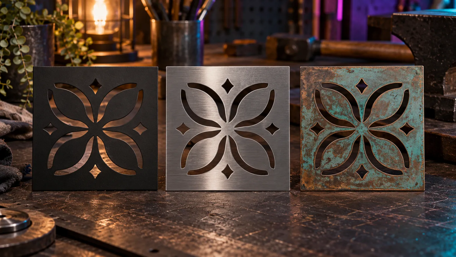 Three laser-cut metal panels compared side by side: black powder coat, raw brushed steel and copper patina