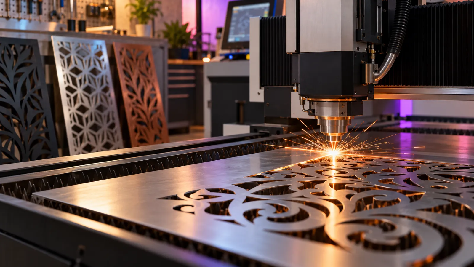 Fibre laser cutting an ornamental pattern into stainless steel, with finished black, steel and copper panels behind