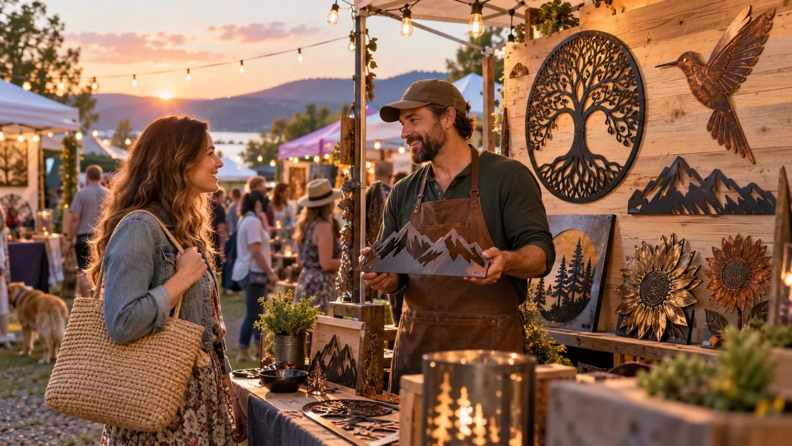 A maker shows cut-out metal wall art to a customer at an outdoor craft market stall