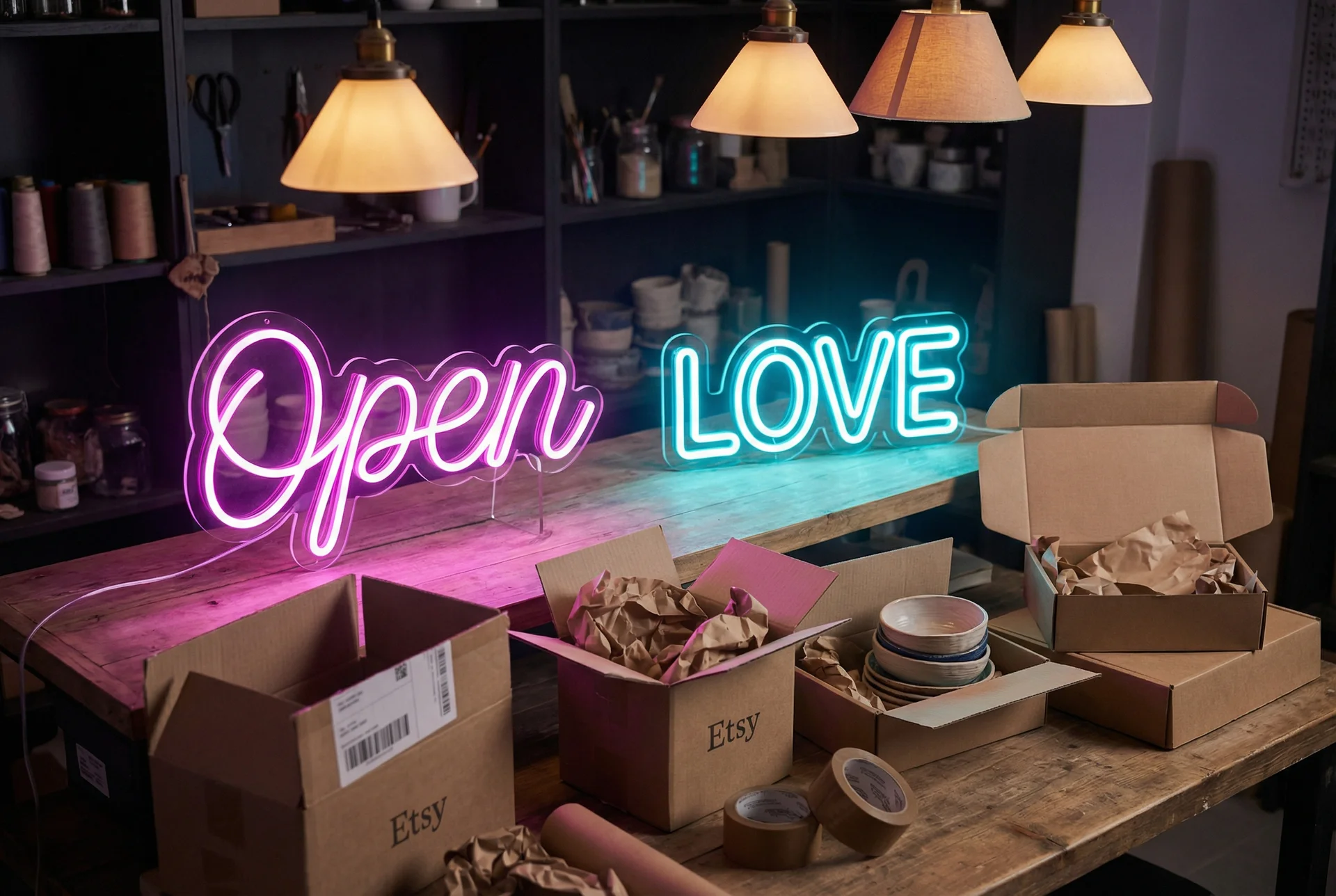 Custom neon sign being packaged for Etsy shipment