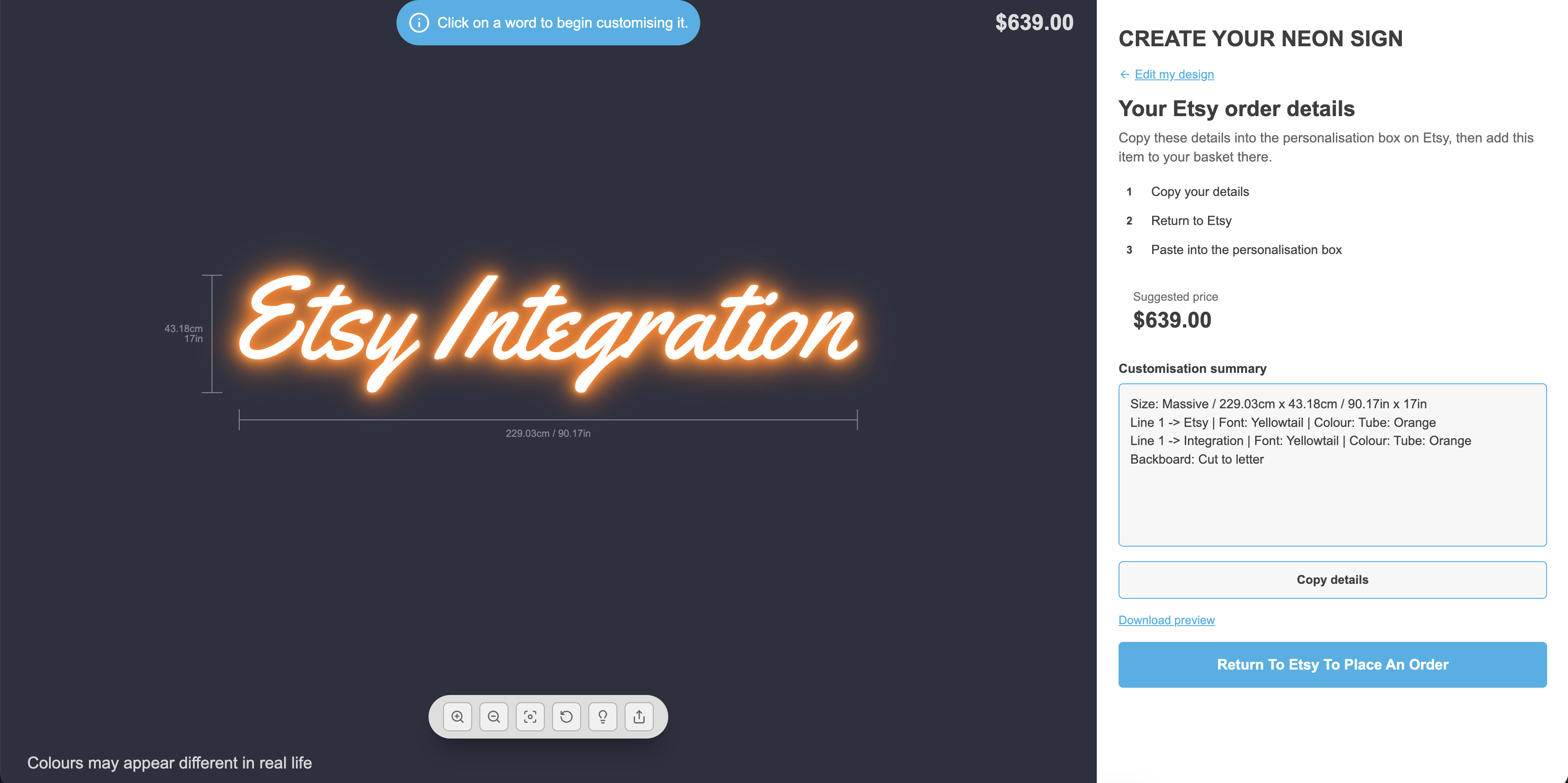 Etsy order details summary shown alongside a customiser preview