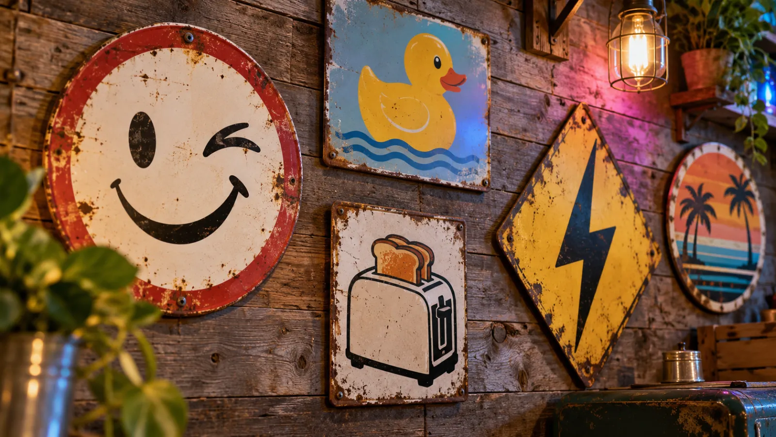 Rusty tin signs of a winking face, a rubber duck, a toaster and a lightning bolt on a weathered wooden wall
