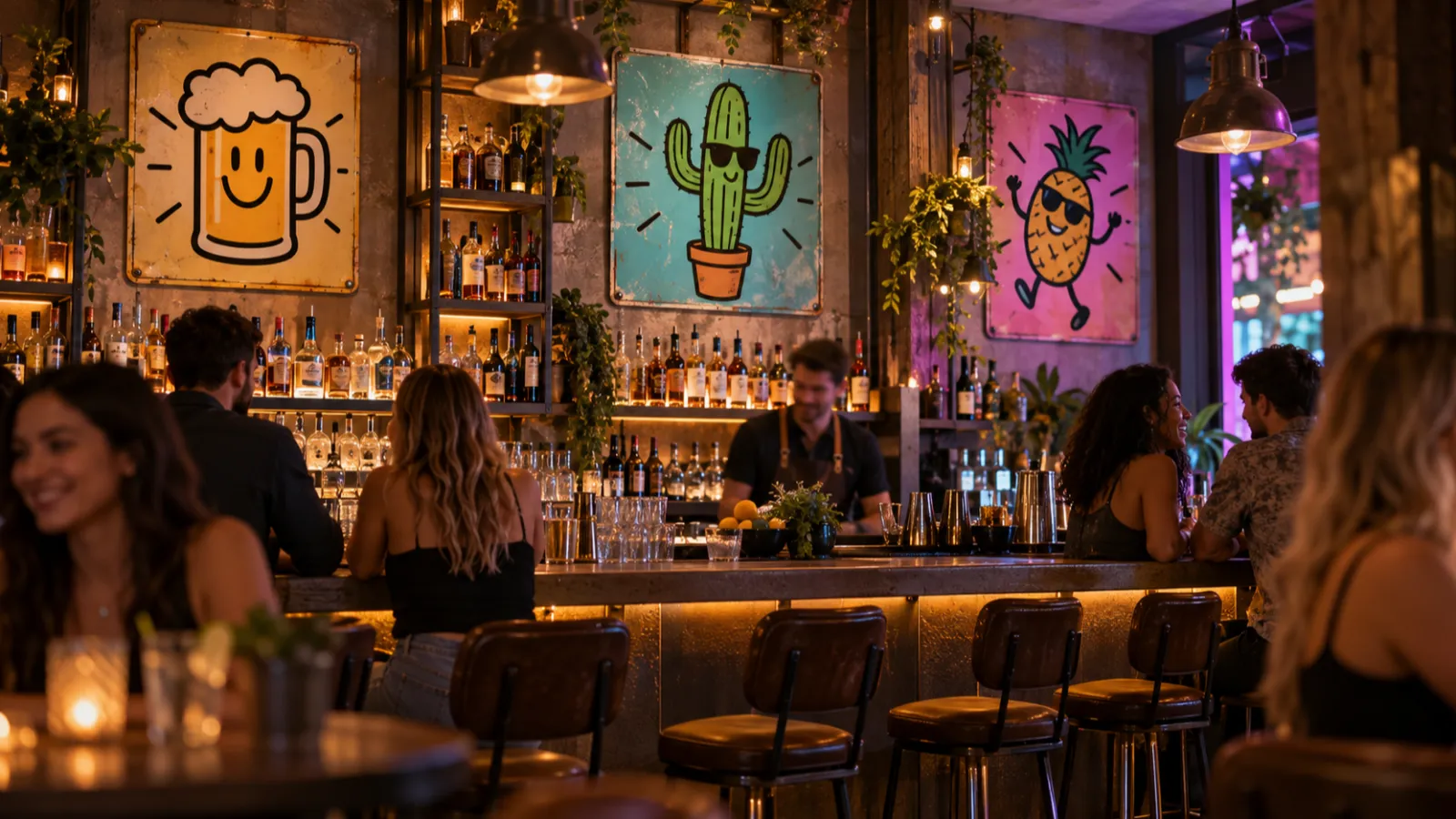 Playful metal signs of a smiling beer mug, a cactus and a pineapple on the wall of a lively bar