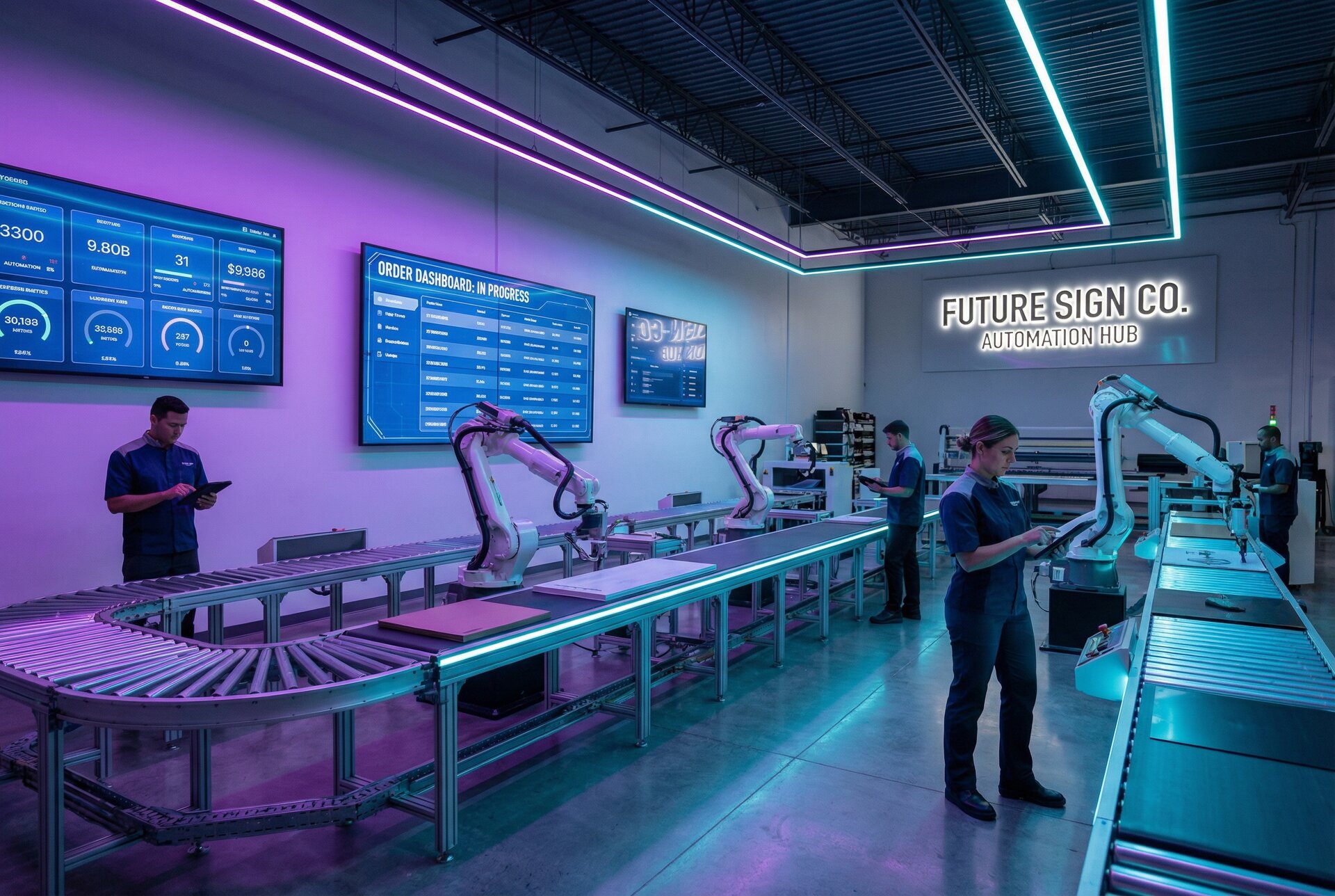 Modern sign shop with automated workflow visualisation showing digital order dashboard