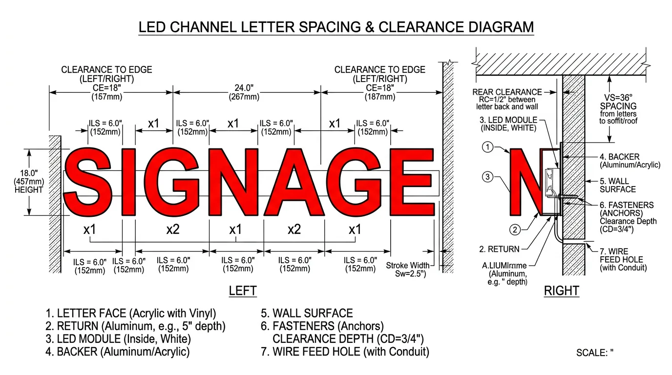 LED strip letter spacing diagram showing proper clearances
