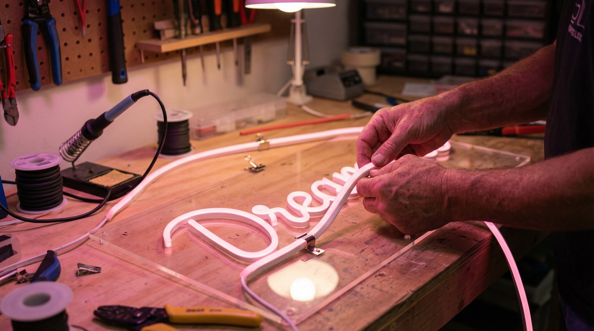 LED neon sign production showing tube bending and acrylic backing assembly