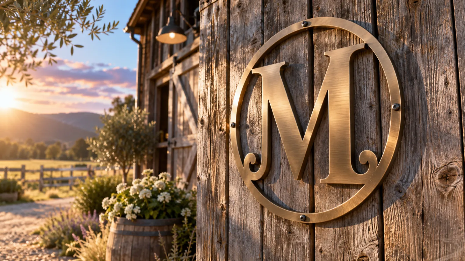 A bronze metal monogram sign with the letter M hangs on a weathered barn wall in the sunlight