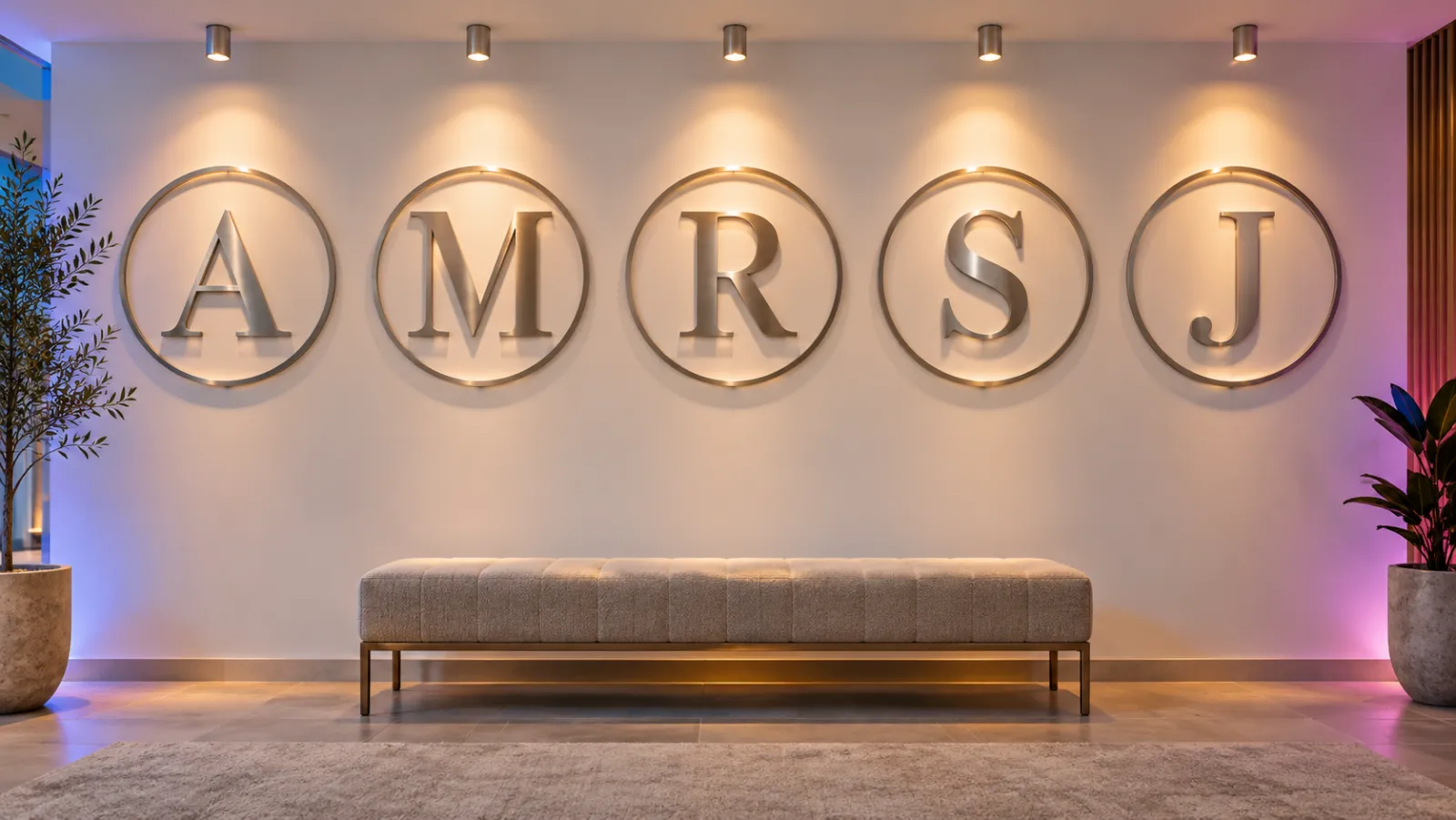 Brushed-steel monogram initials in circular rings, evenly spaced on a white showroom wall under spotlights