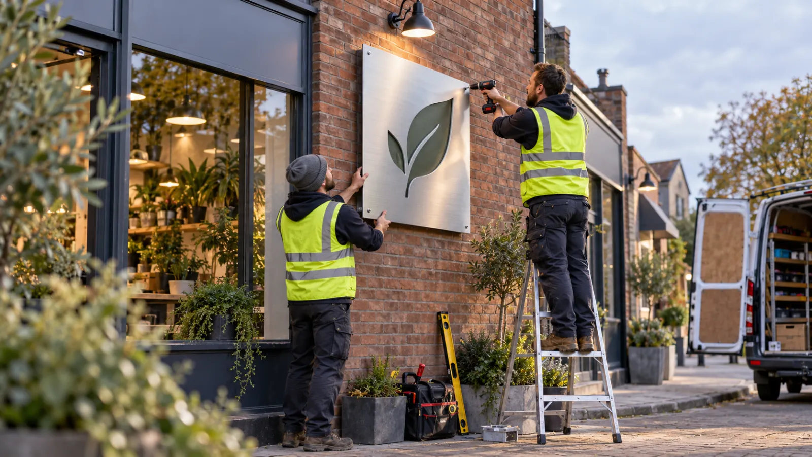 Two installers mount a brushed aluminium sign on a shop's brick facade